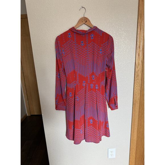 Modcloth Pleasant Confidence Tie V Neck Long Sleeve Dress Size 4 Red Blue Retro - Picture 5 of 5